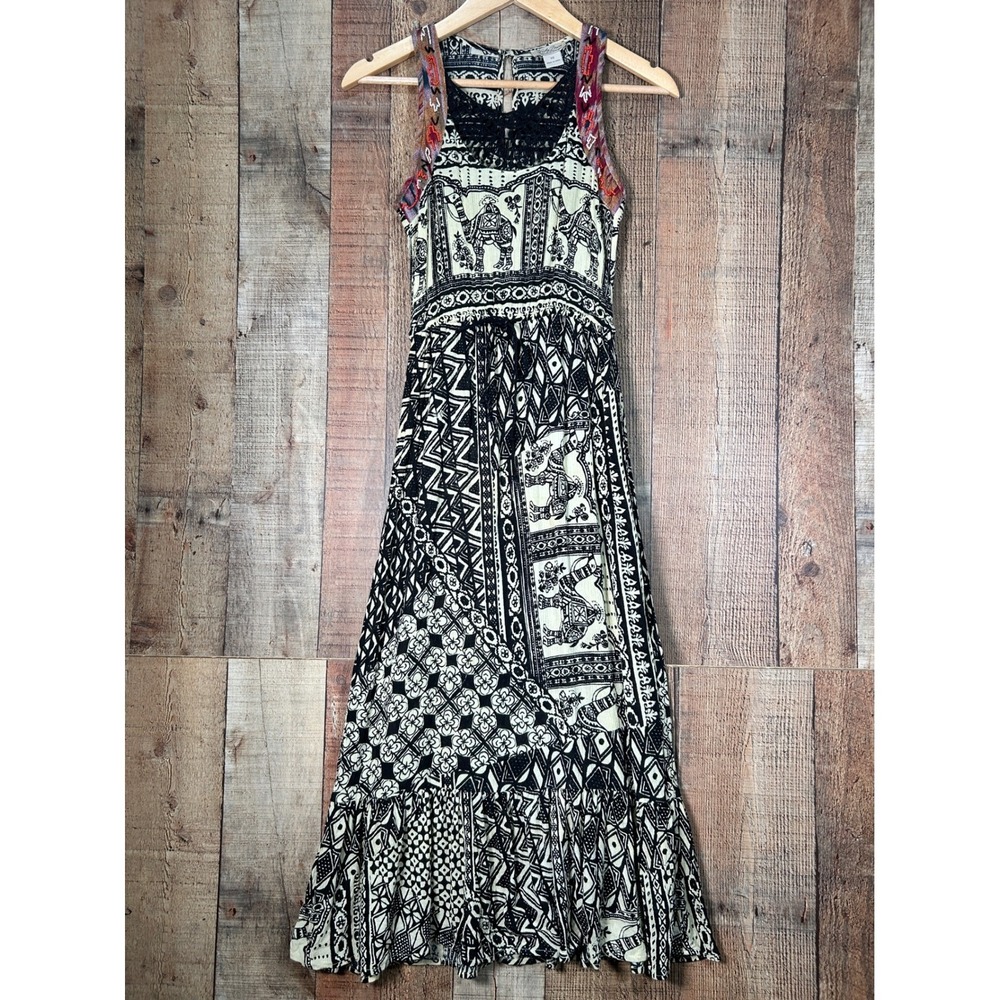 Lucky Brand XS Black Ivory Camel Print Patchwork Maxi Dress Lace Beaded Boho